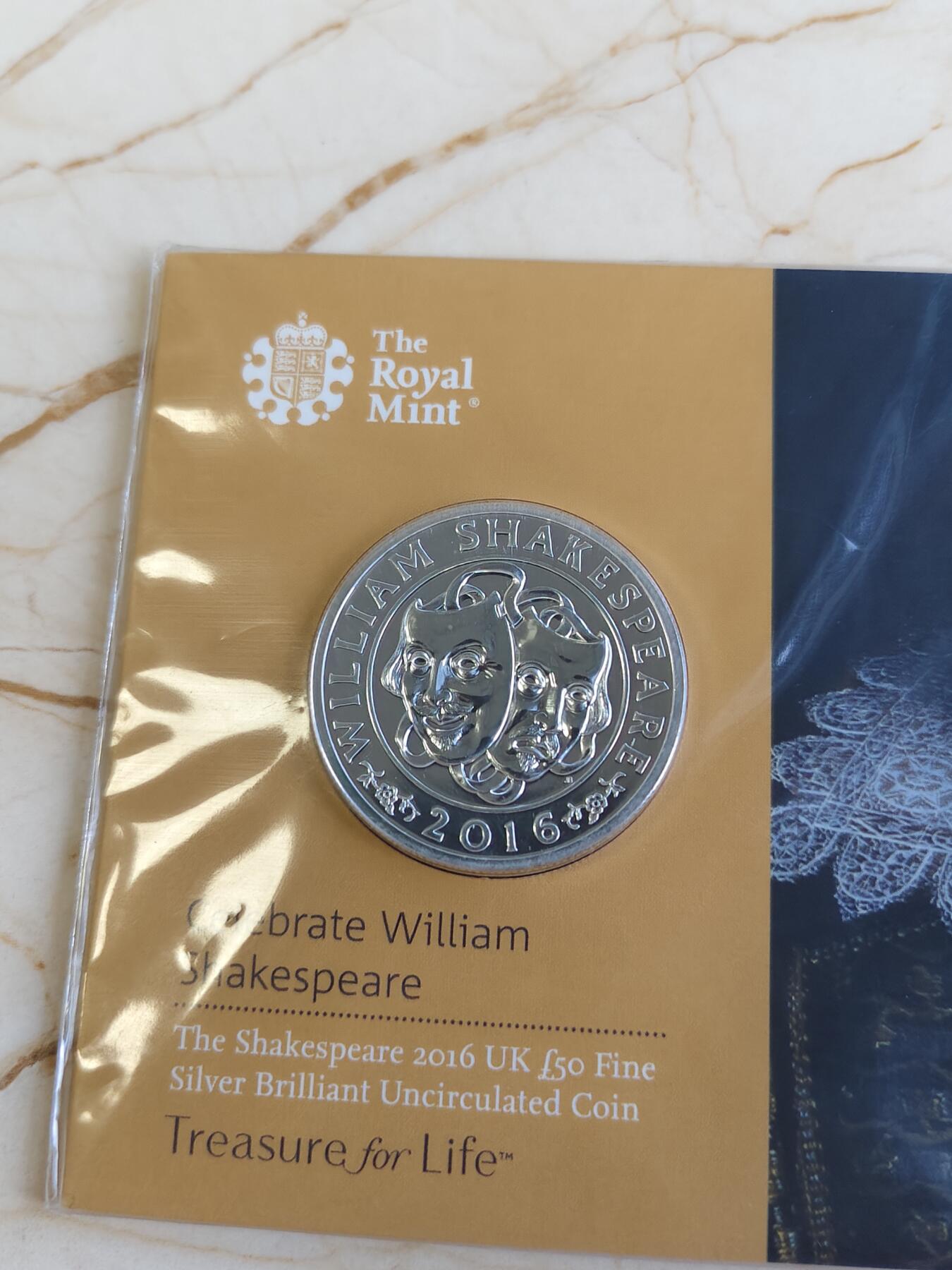 第176期拍卖【长期征集拍品】【欢度国庆中秋双节】 英国2016年50换50系列2威廉莎士比亚50镑银币，999银，发行15000枚