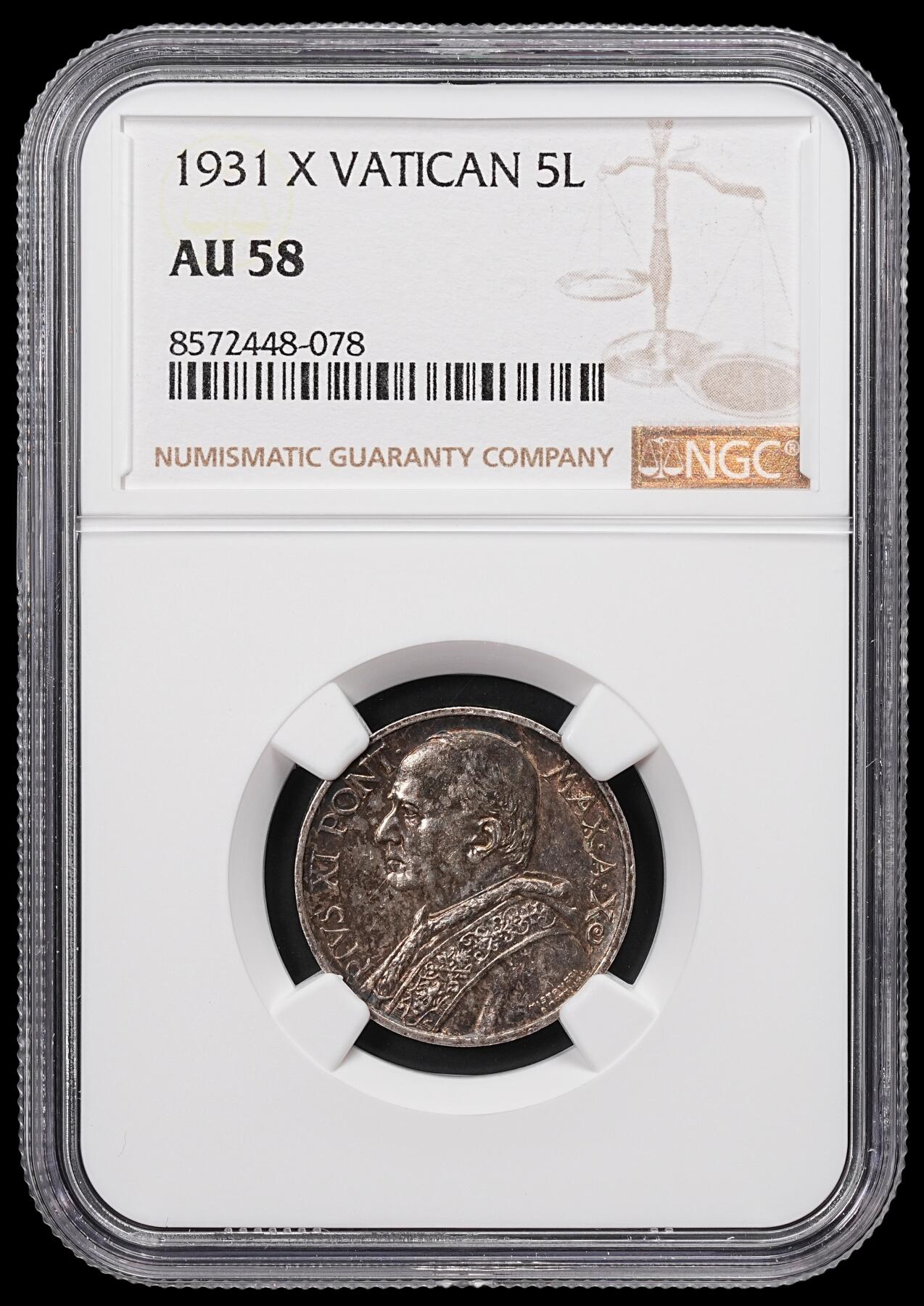 修遠堂世界钱币第八十六期 NGC AU58 1931年梵蒂冈5里拉银币