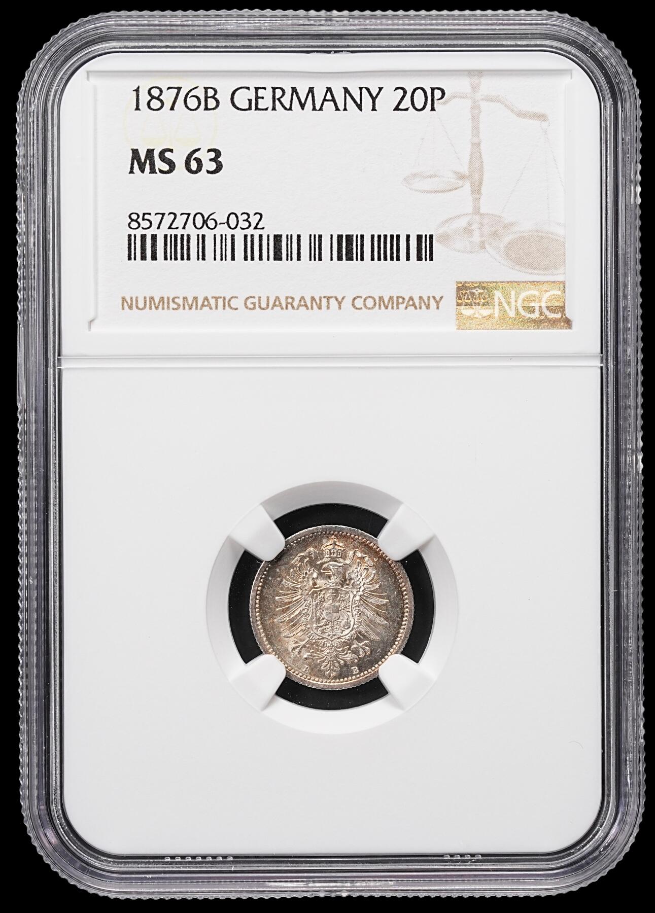 修遠堂世界钱币第八十六期 NGC MS63 1876年德国20芬尼银币 B厂铭
