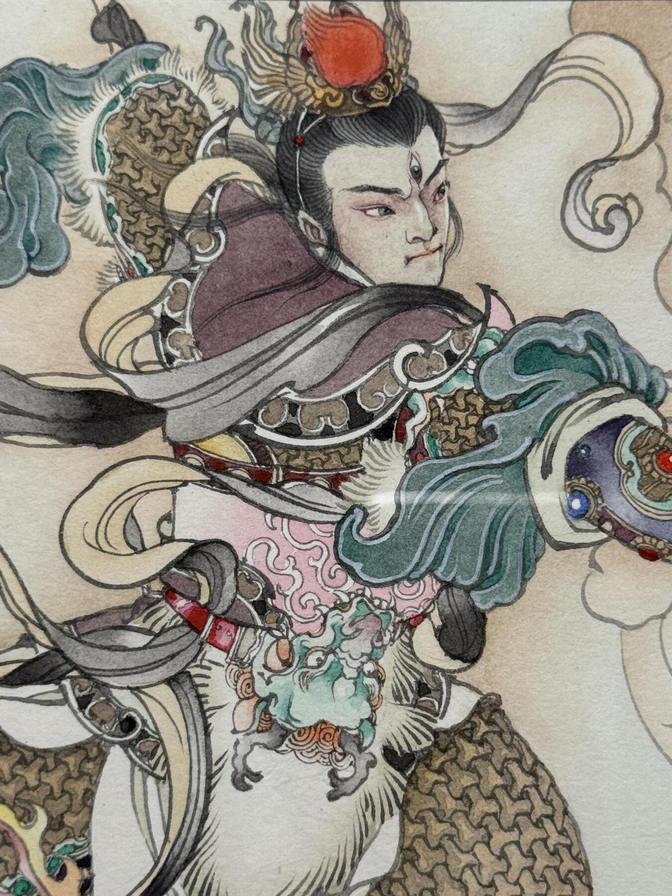 白泽拍卖卡牌手绘专场第25期 2024 李广手绘画 小圣战大圣 已装裱 尺寸：外框 38cm*28cm，内框 13cm*18.5cm*2