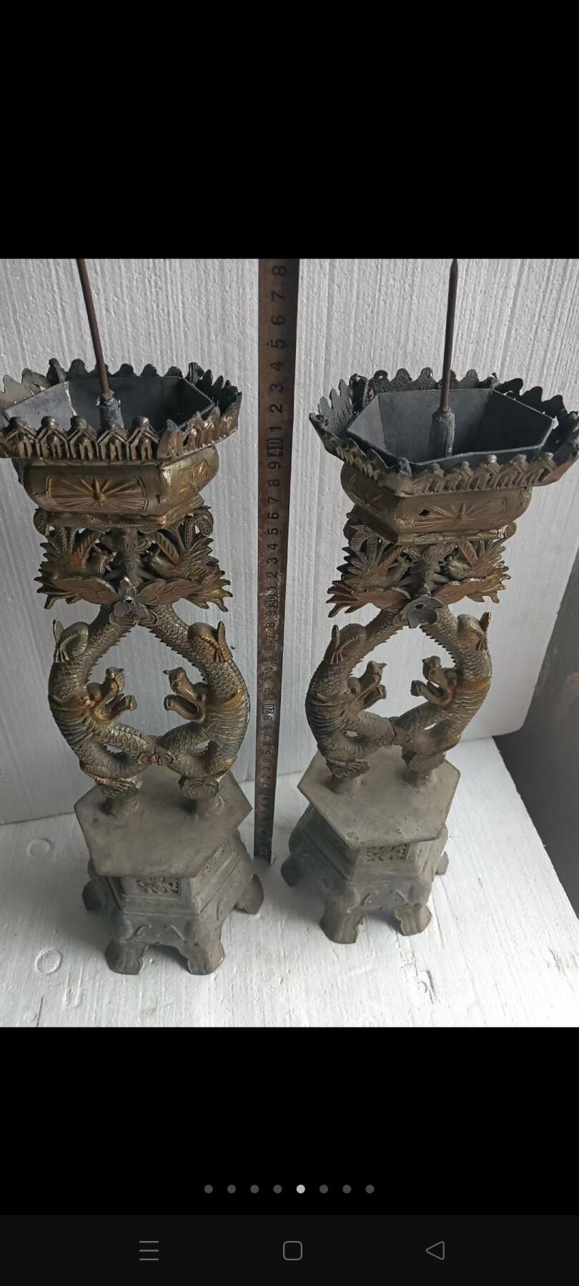 下乡收到锡蜡台一对，品相好尺寸大，重量足