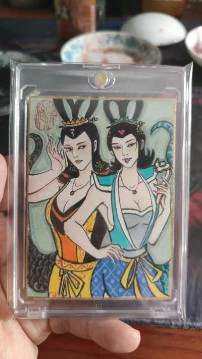 秋原瞳的小店第二十四期（持续收拍，祝大家国庆中秋快乐，好好睡它个自然醒） - 手绘——卢艺丰蛇精姐妹，卡背是专属提字简绘法宝玉如意和青蛇剑