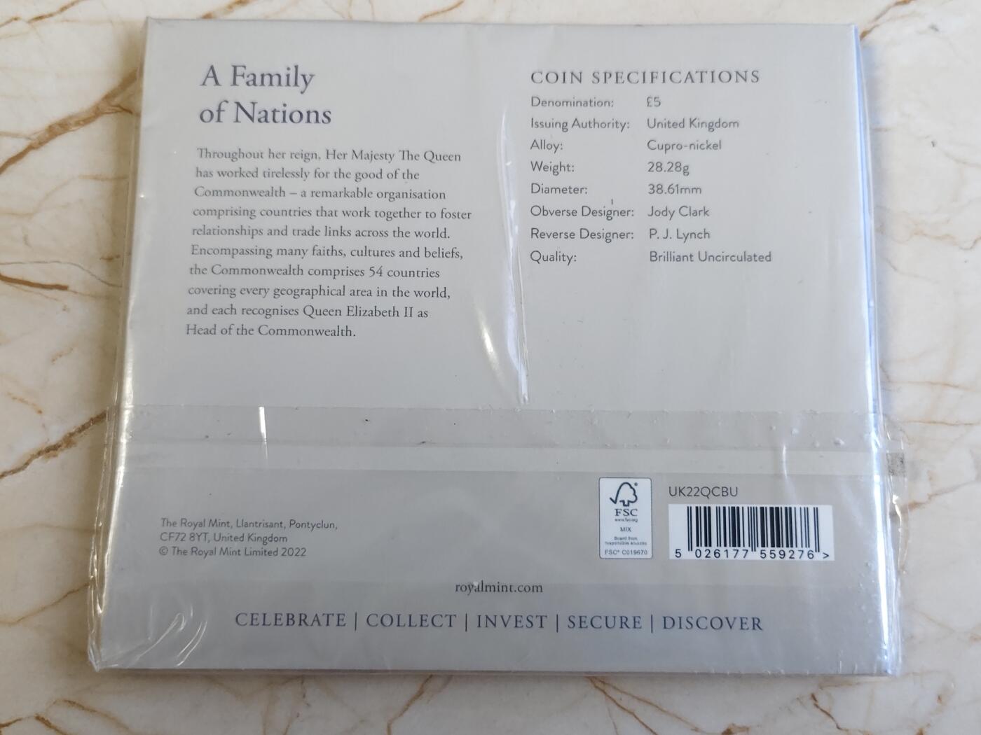 第176期拍卖【长期征集拍品】【欢度国庆中秋双节】 英国2022年伊丽莎白女王统治系列-英联邦纪念币.5英镑.原装带卡册