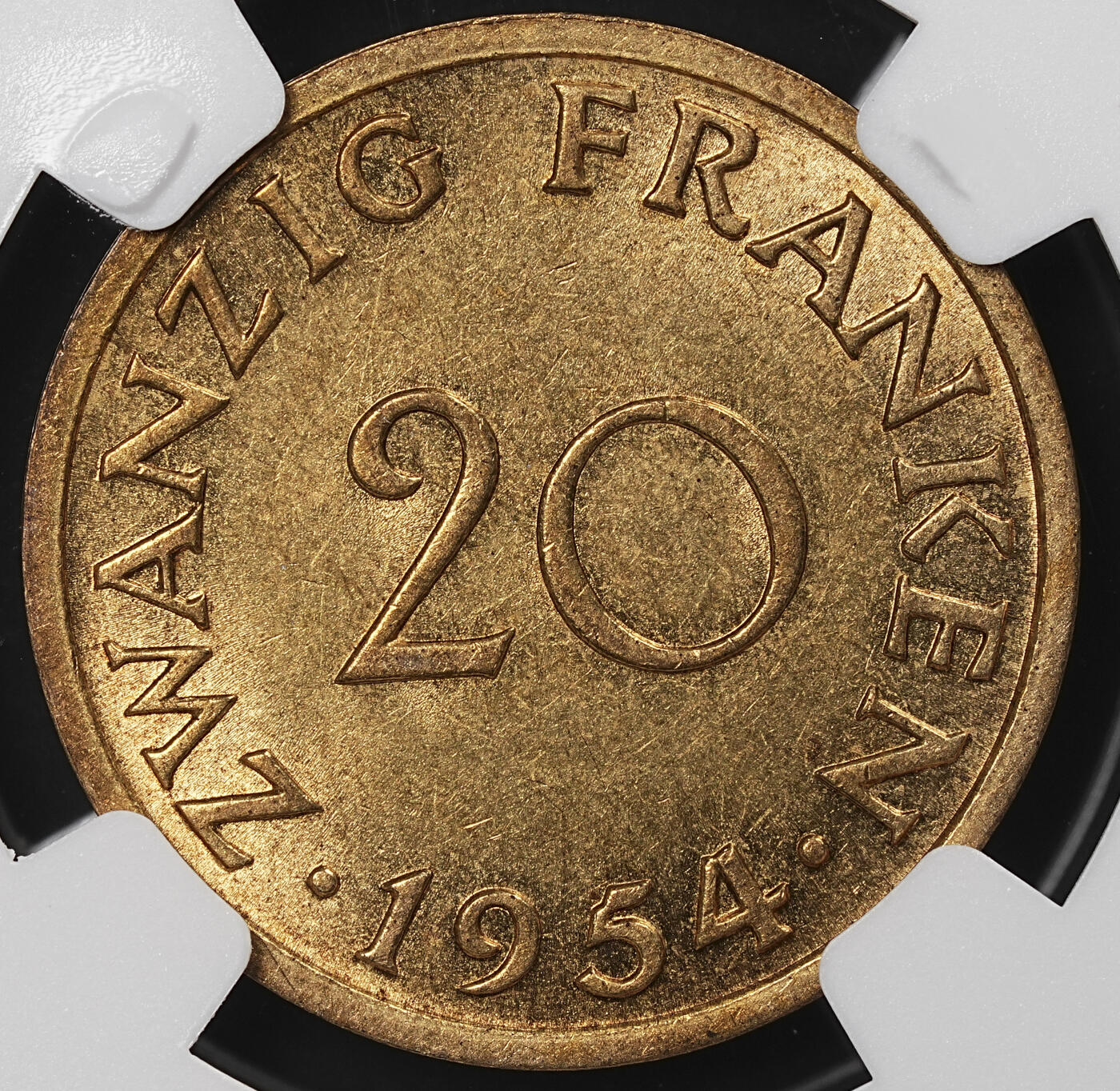 修遠堂世界钱币第八十六期 NGC MS64 1954年法占德国萨尔州20法郎