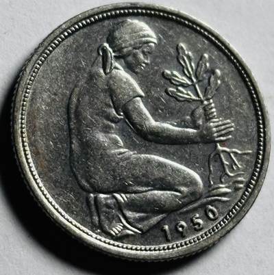 文馨钱币收藏第 273 场， 长期接收代拍品 - 美品 1950 年西德 50 芬尼，第二版首发年