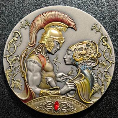 【德藏】世界币章拍卖第148期（拍品征集中~欢迎藏友联系） - 2022年 纽埃爱情故事系列-美狄亚与杰森2盎司镶嵌彩绘银币 仿古质感 999银 直径约：50mm；重约：62.1g