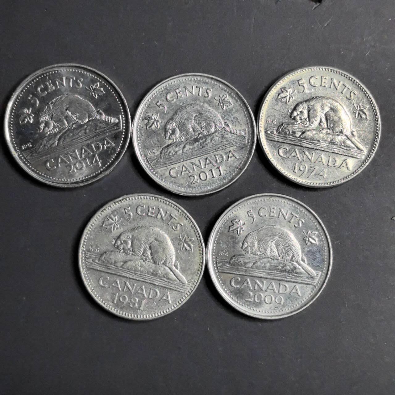 各国硬币 纸币 无佣金 加拿大5分 5个