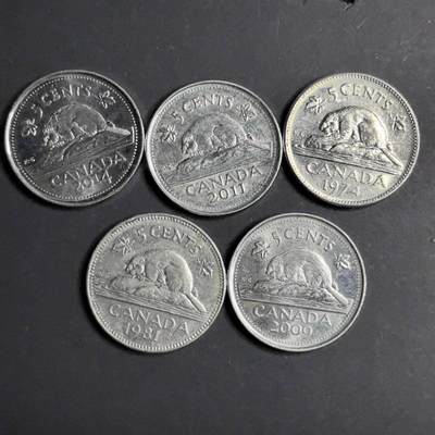 各国硬币 纸币 无佣金 - 加拿大5分 5个