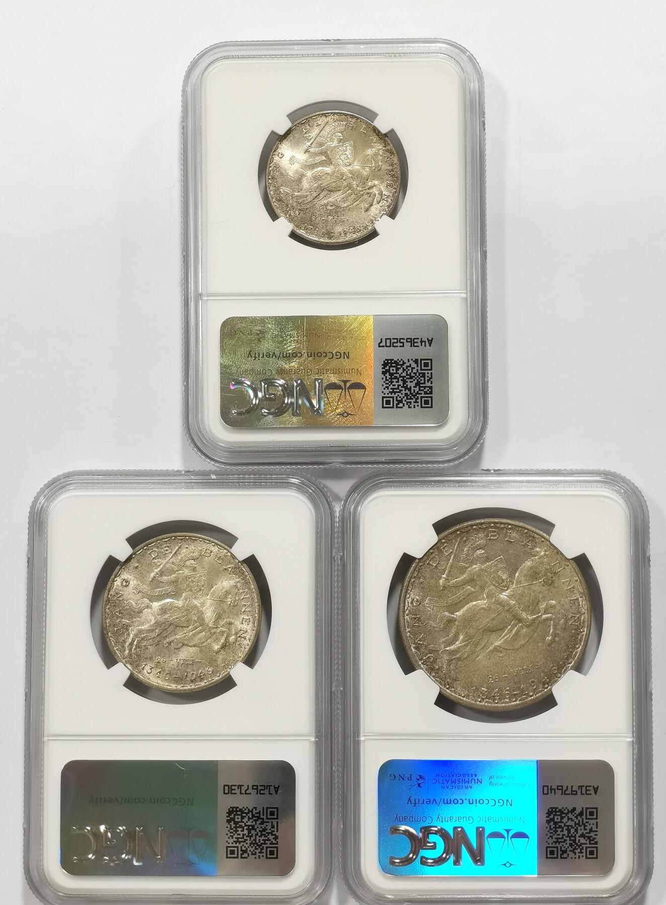 博洋堂“良辰美钰”中秋国庆双节精品专场暨第141期（全场包邮） NGC MS66/66/65 卢森堡1946年20法郎、50法郎、100法郎骑士马剑银币，纪念卢森堡大公瞎子约翰战死600周年纪念币，瞎子约翰的战死代表中世纪骑士精神的陨落，三枚币包浆统一，编号连续，分数统一，适合一次性成套入藏