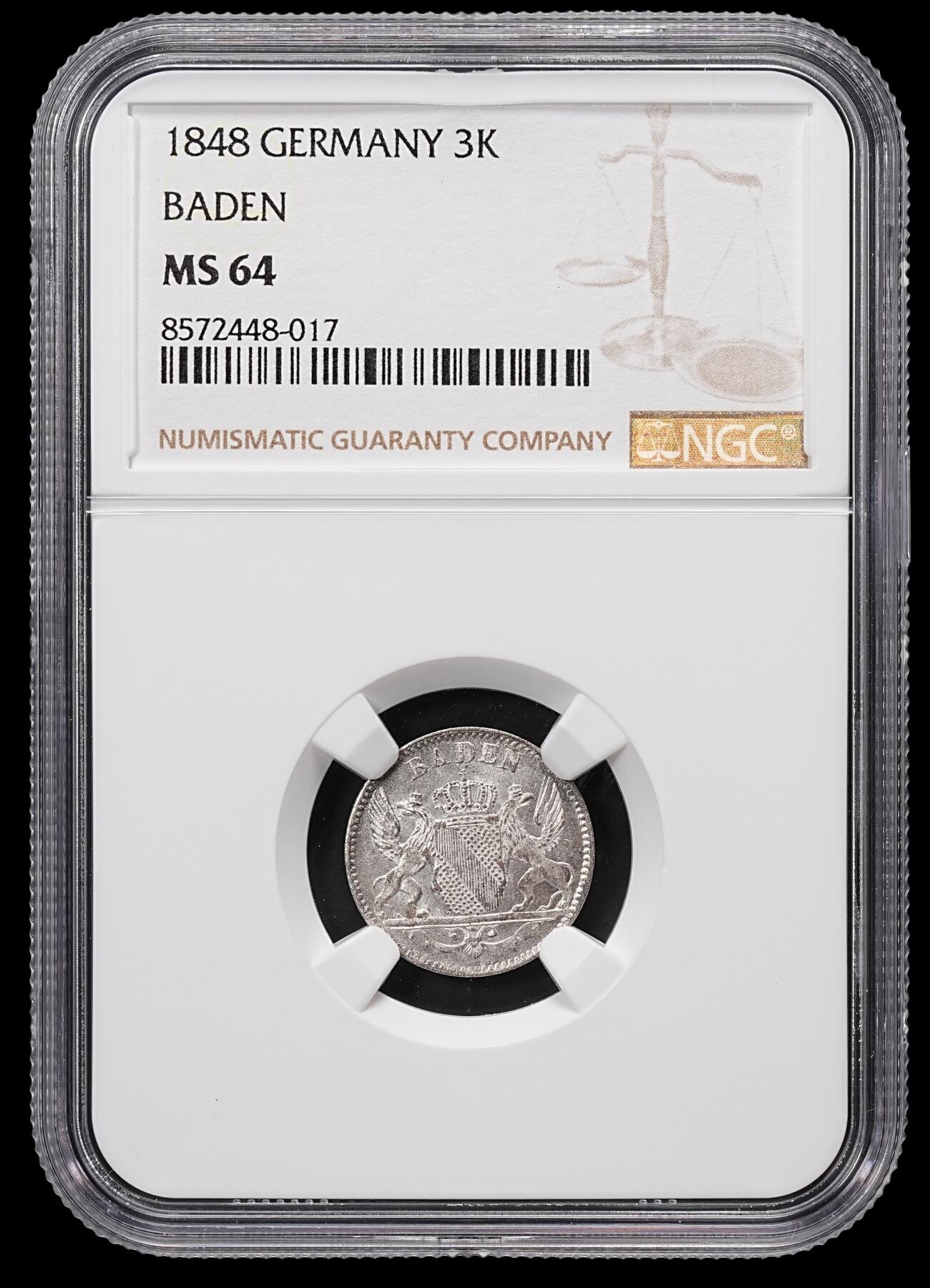 修遠堂世界钱币第八十六期 NGC MS64 1848年巴登3克鲁泽