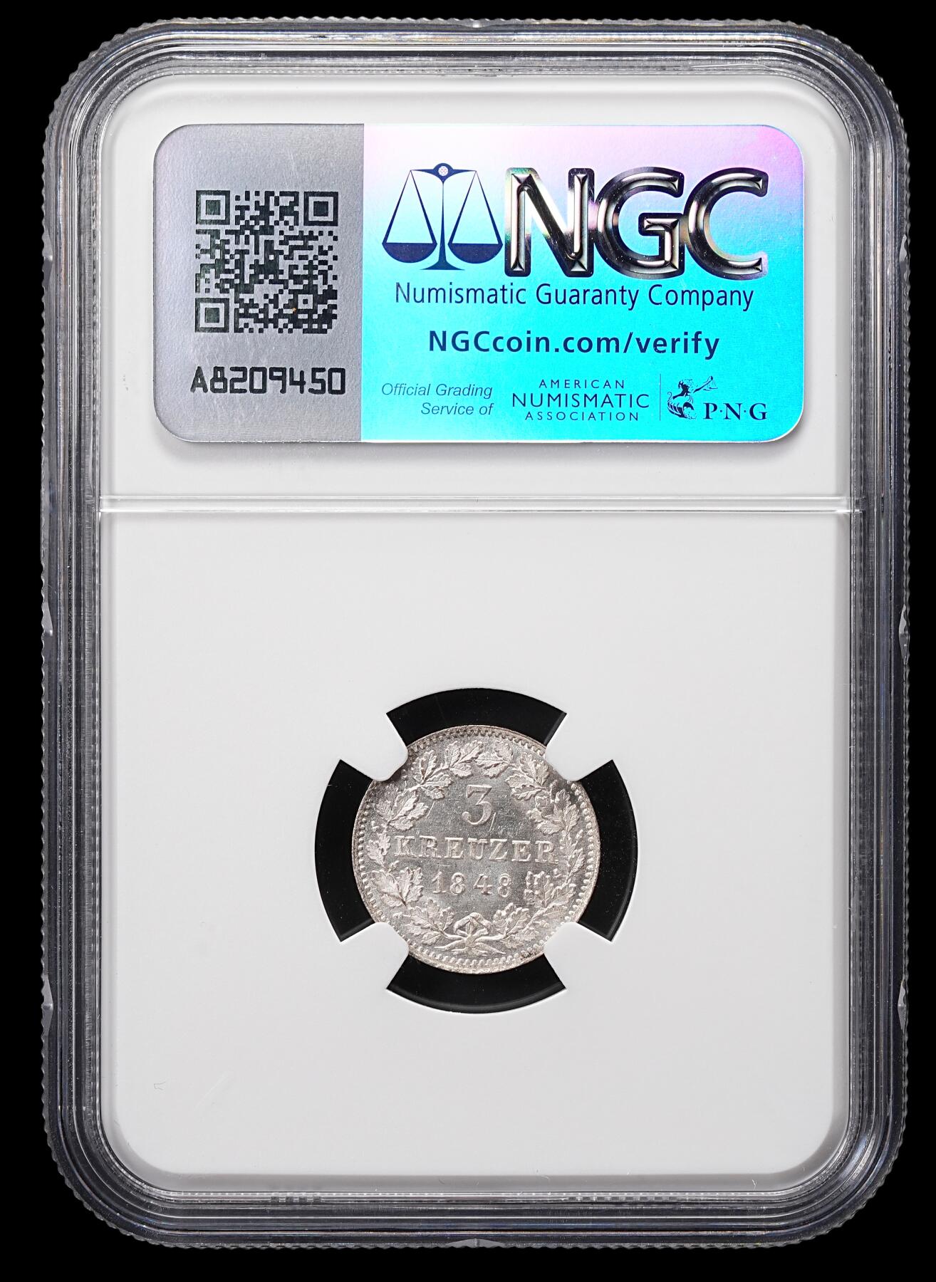 修遠堂世界钱币第八十六期 NGC MS64 1848年巴登3克鲁泽