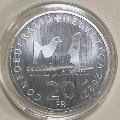 康怡轩钱币【安道尔+西班牙+拉脱维亚+刚果+瑞士+奥地利 纪念币专场】第251014期 2022年瑞士发行流行音乐家玛尼马特20瑞士法郎纪念银币 有划痕