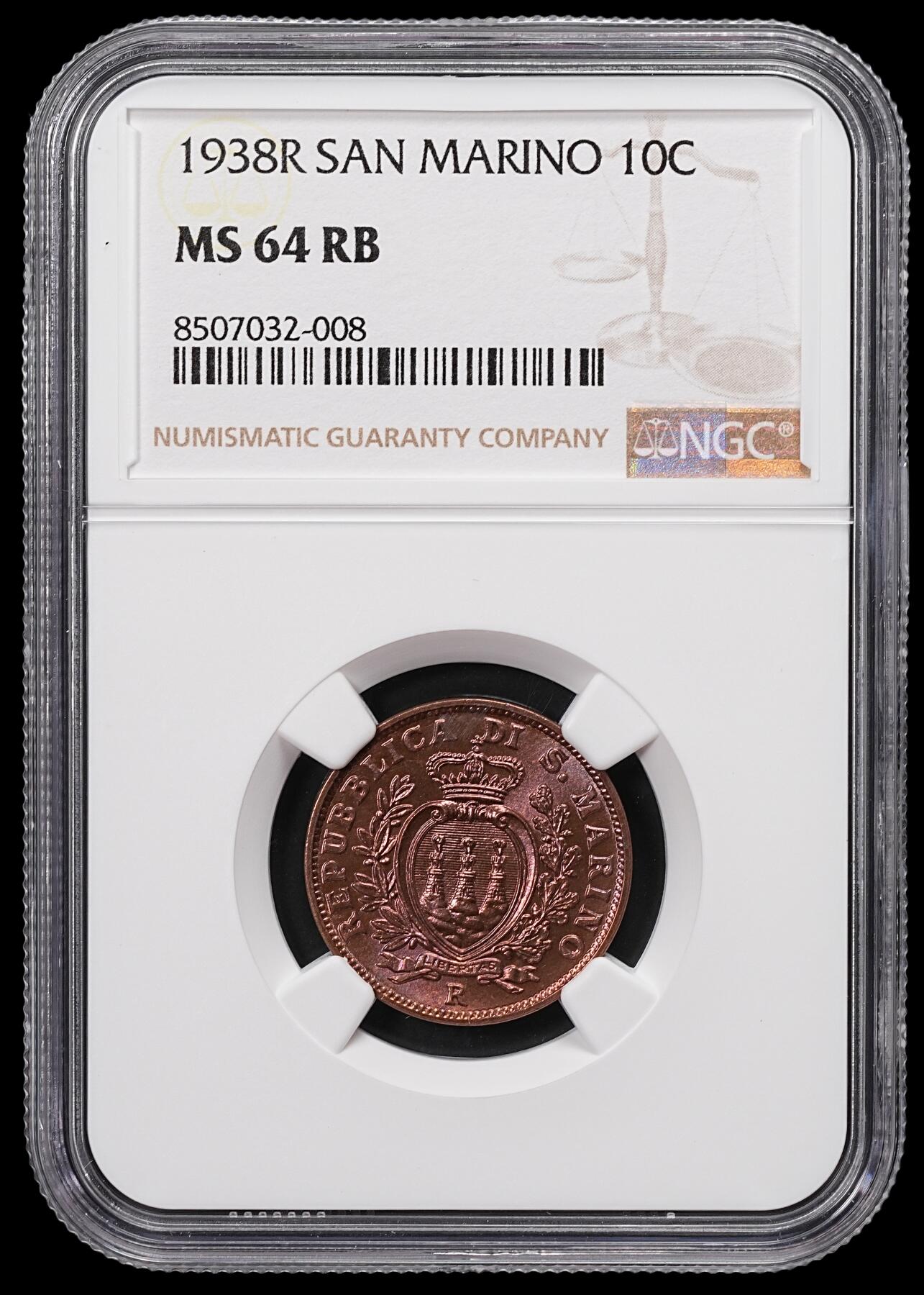 修遠堂世界钱币第八十六期 NGC MS64RB 1938年圣马力诺10分铜币