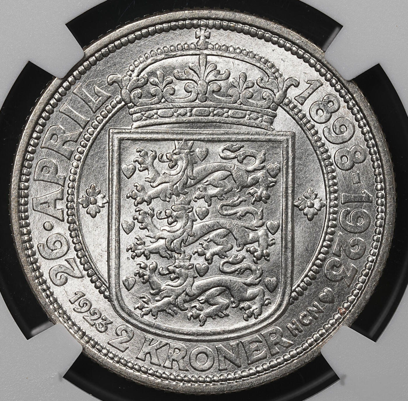 修遠堂世界钱币第八十六期 NGC MS66 1923年丹麦国王银婚纪念2克朗银币