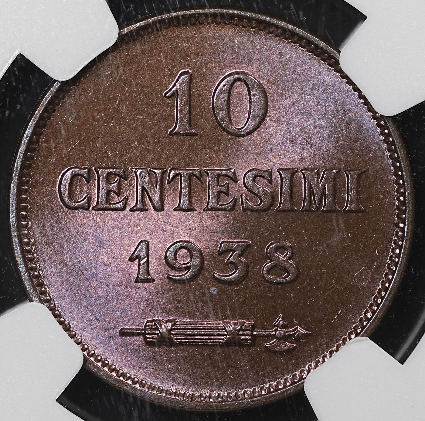 修遠堂世界钱币第八十六期 NGC MS65RB 1938年圣马力诺10分铜币