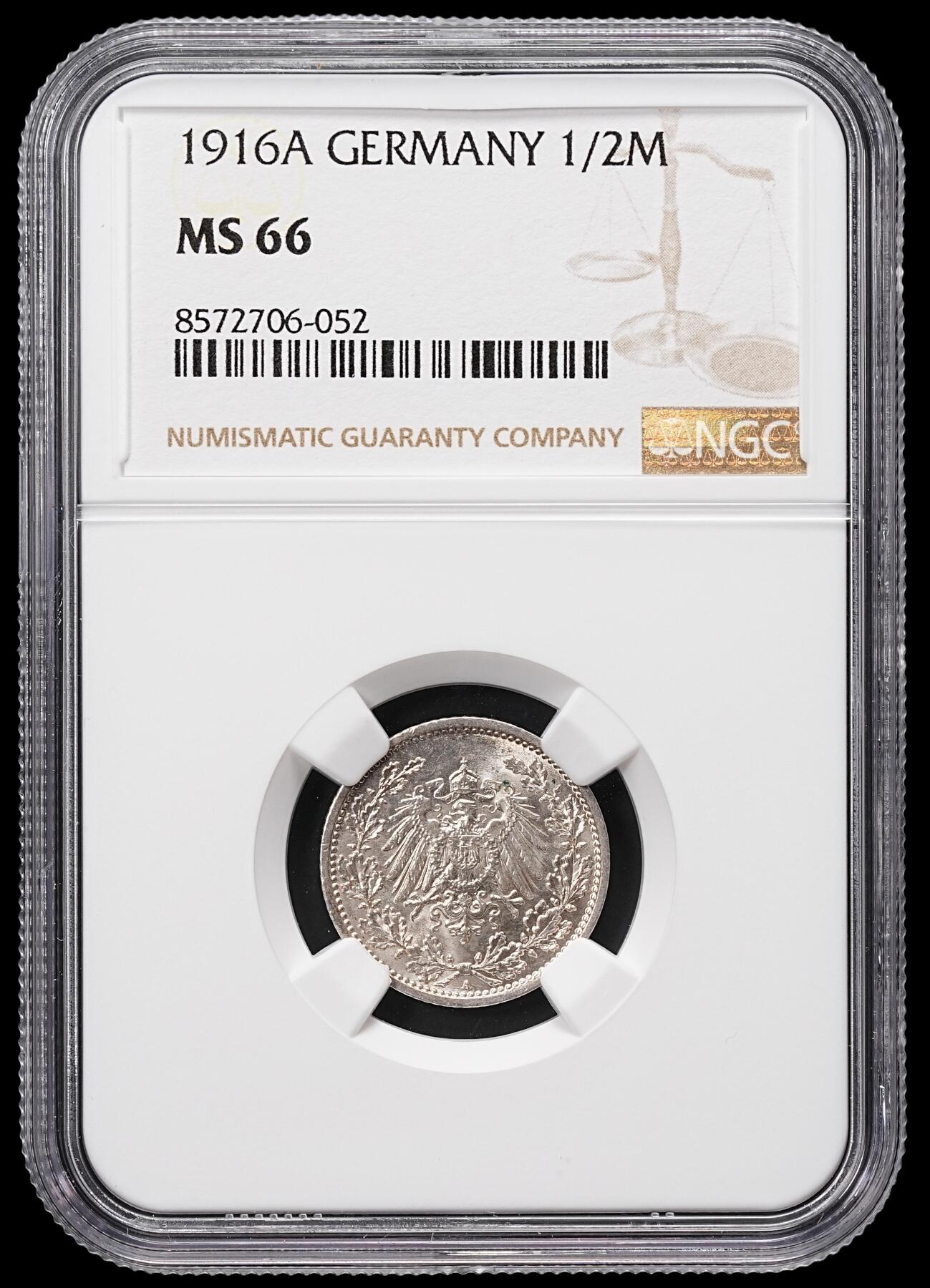 修遠堂世界钱币第八十六期 NGC MS66 1916年德国1/2马克银币 A厂铭