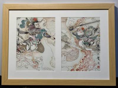 白泽拍卖卡牌手绘专场第25期 - 2024 李广手绘画 小圣战大圣 已装裱 尺寸：外框 38cm*28cm，内框 13cm*18.5cm*2