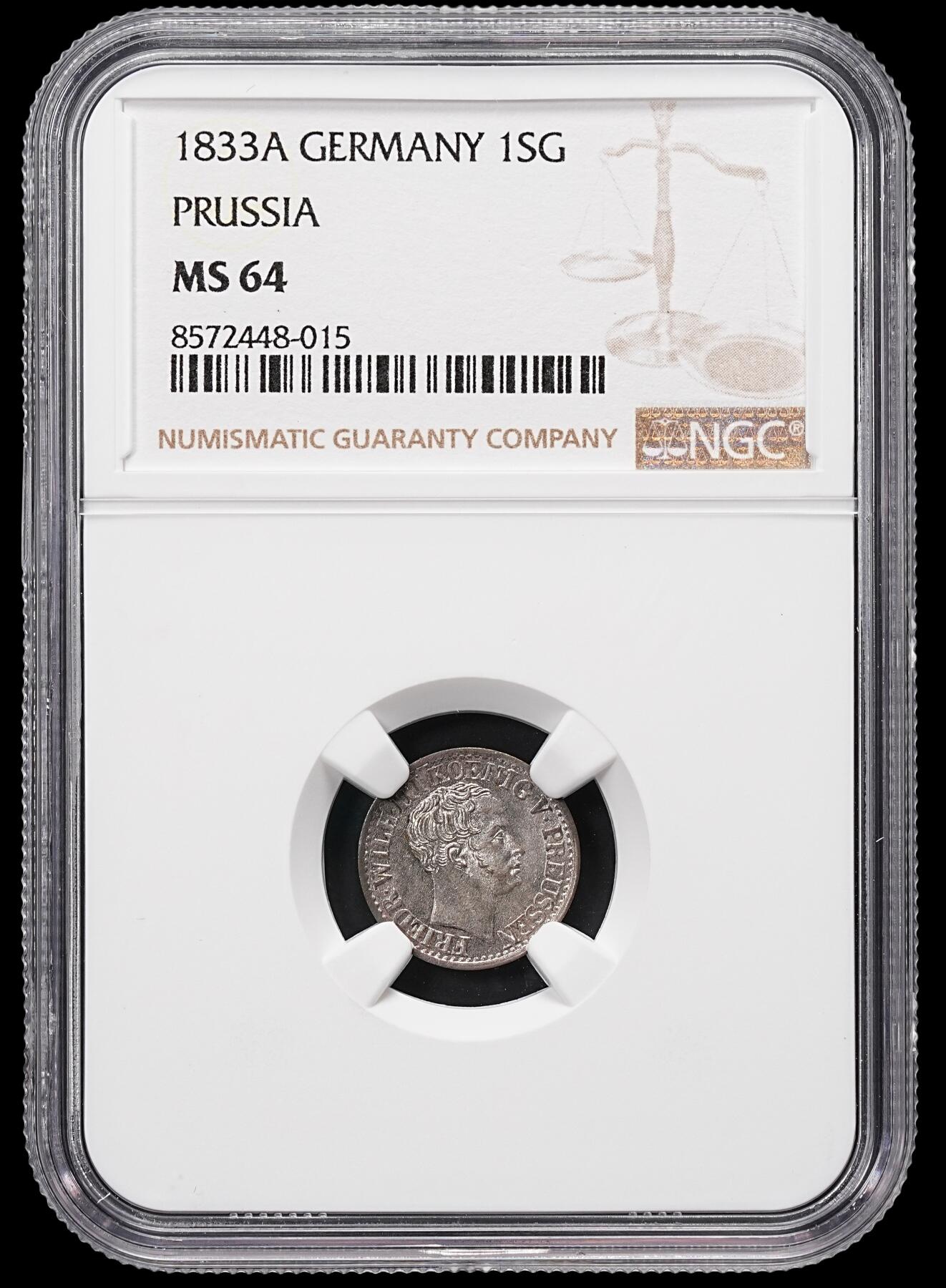 修遠堂世界钱币第八十六期 NGC MS64 1833年普鲁士1/2银格罗申 盒子面值标识有误