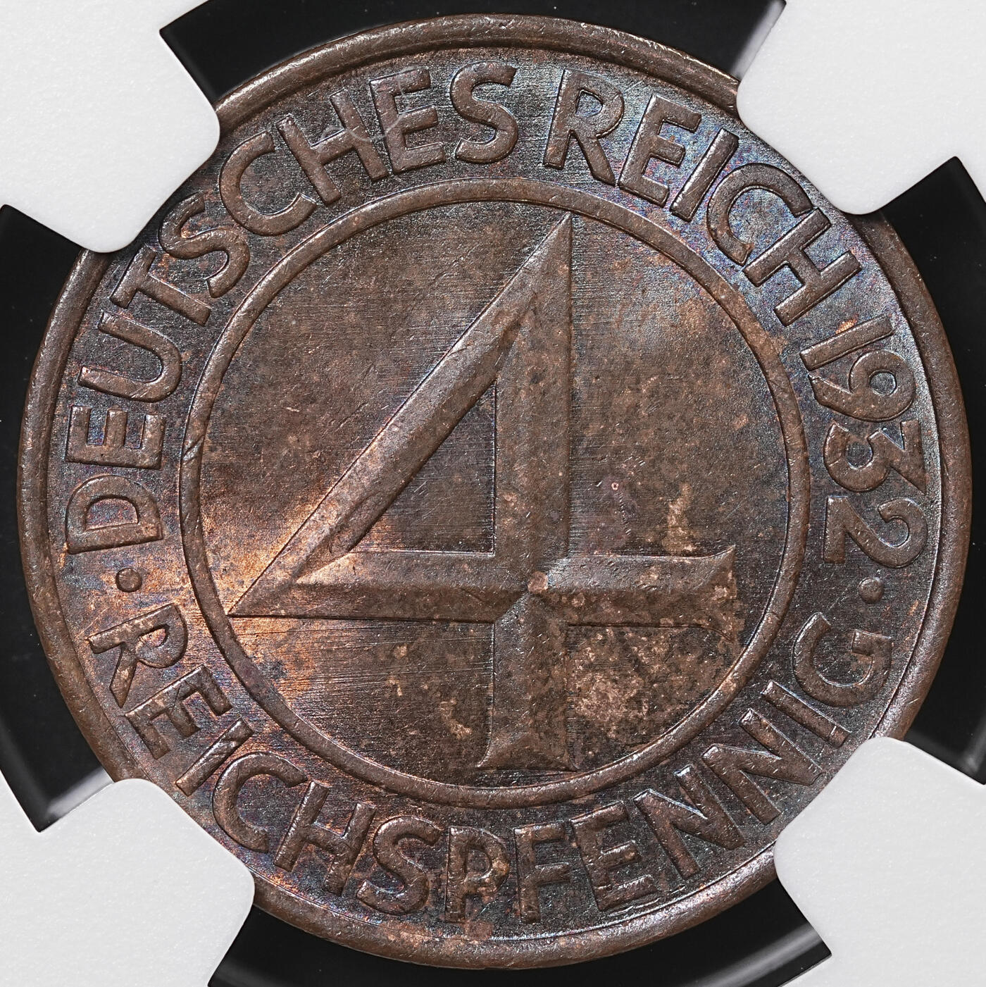 修遠堂世界钱币第八十六期 NGC MS63BN 1932年德国4芬尼 A厂铭