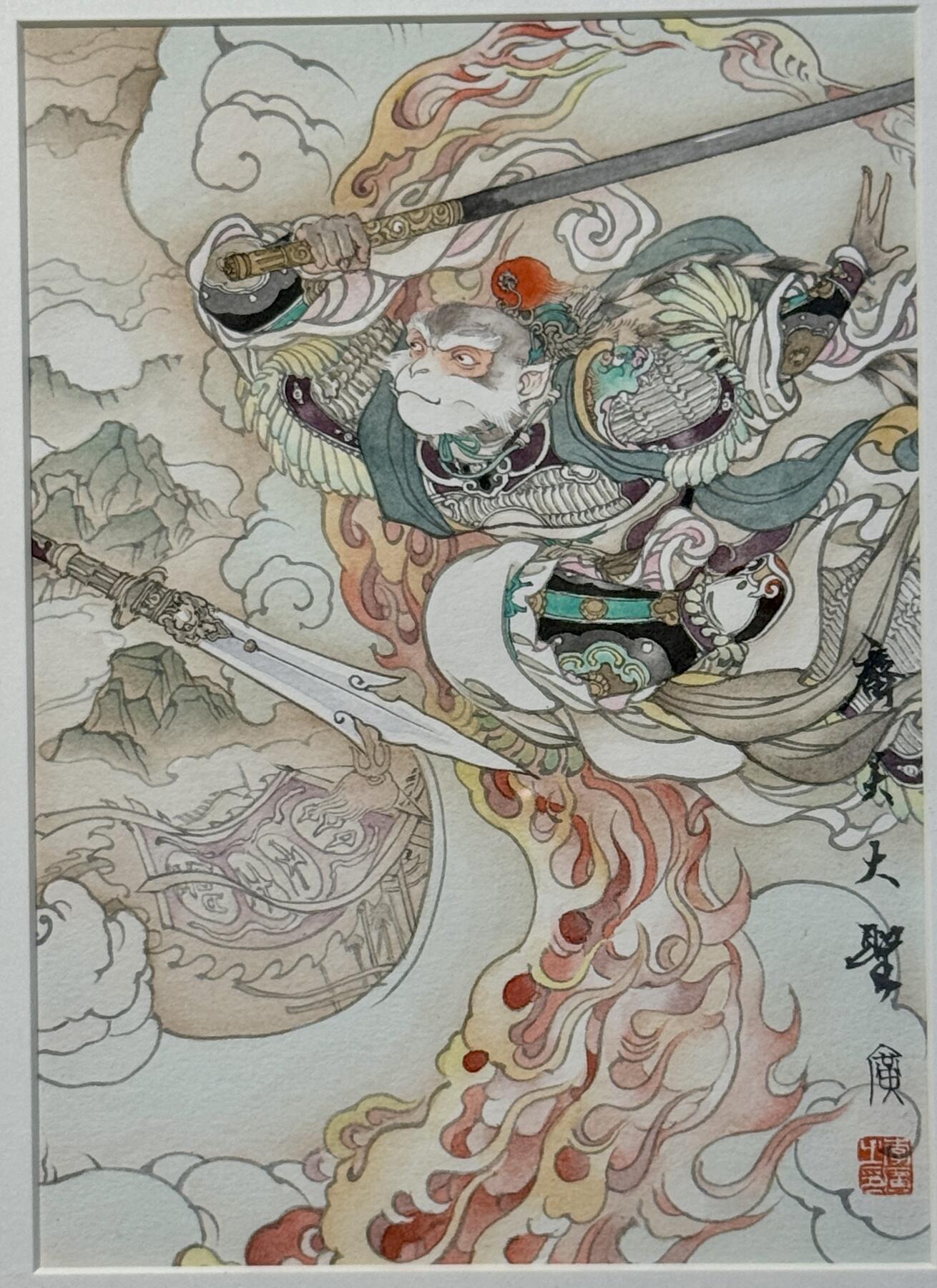 白泽拍卖卡牌手绘专场第25期 2024 李广手绘画 小圣战大圣 已装裱 尺寸：外框 38cm*28cm，内框 13cm*18.5cm*2