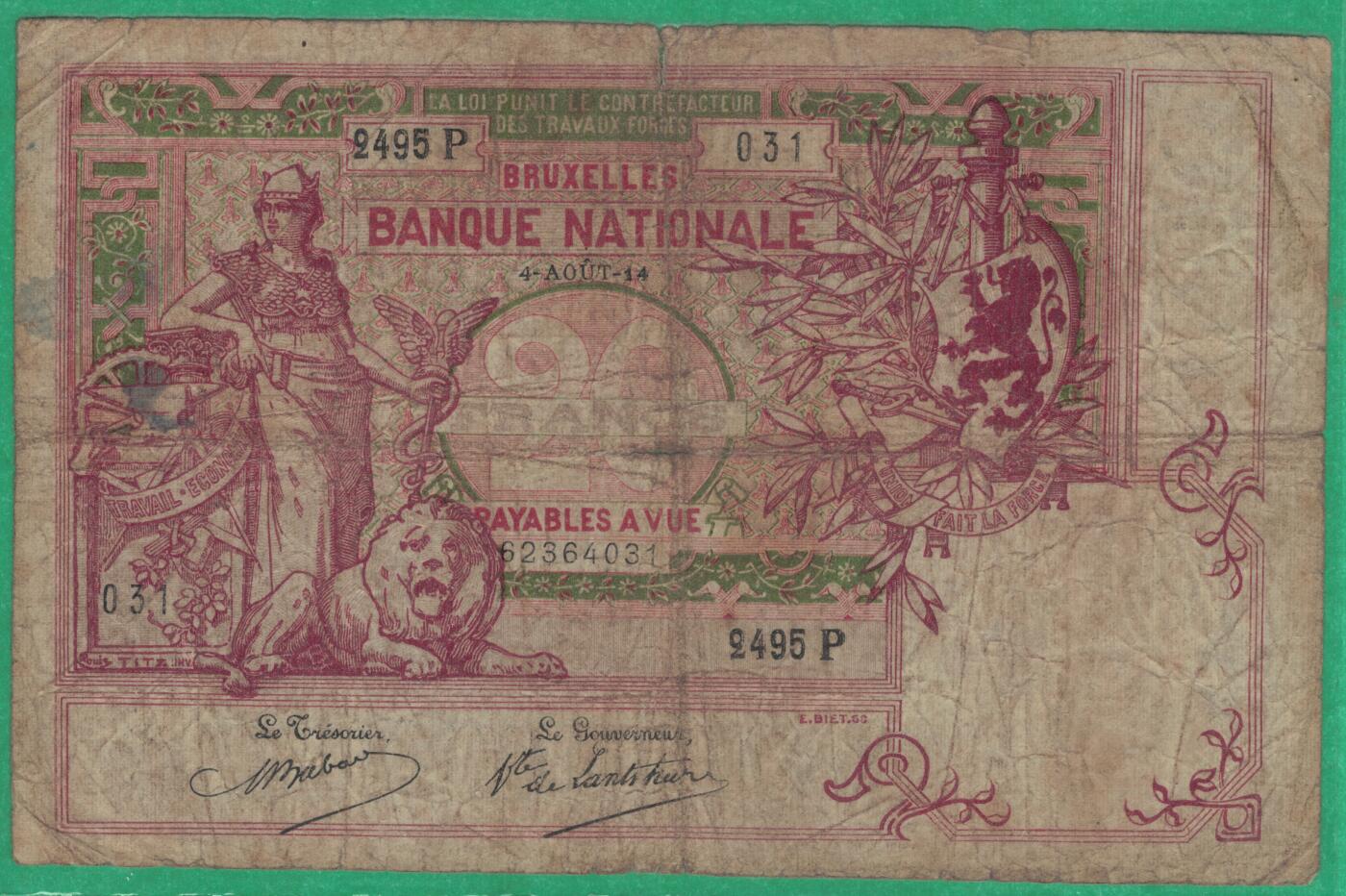 比利时1914年20法郎 实物图 稀少