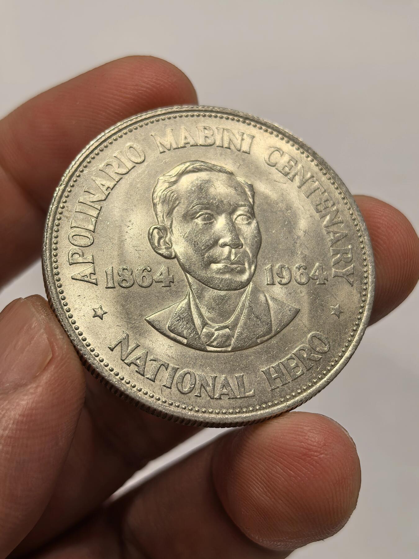 博洋堂世界钱币拍卖第142期（全场包邮） 菲律宾 1964年1比索马比尼诞辰百年大银币 品相BU