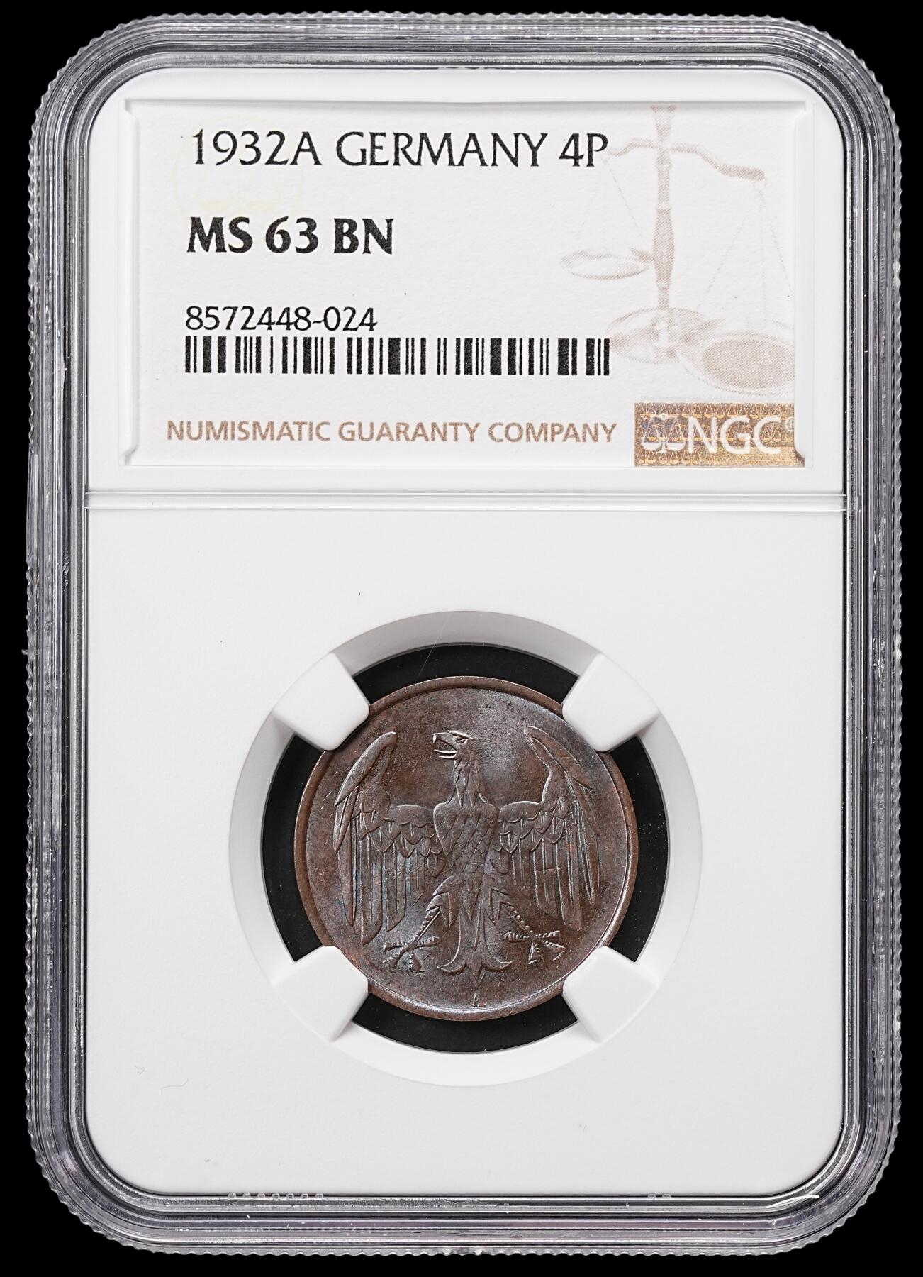 修遠堂世界钱币第八十六期 NGC MS63BN 1932年德国4芬尼 A厂铭