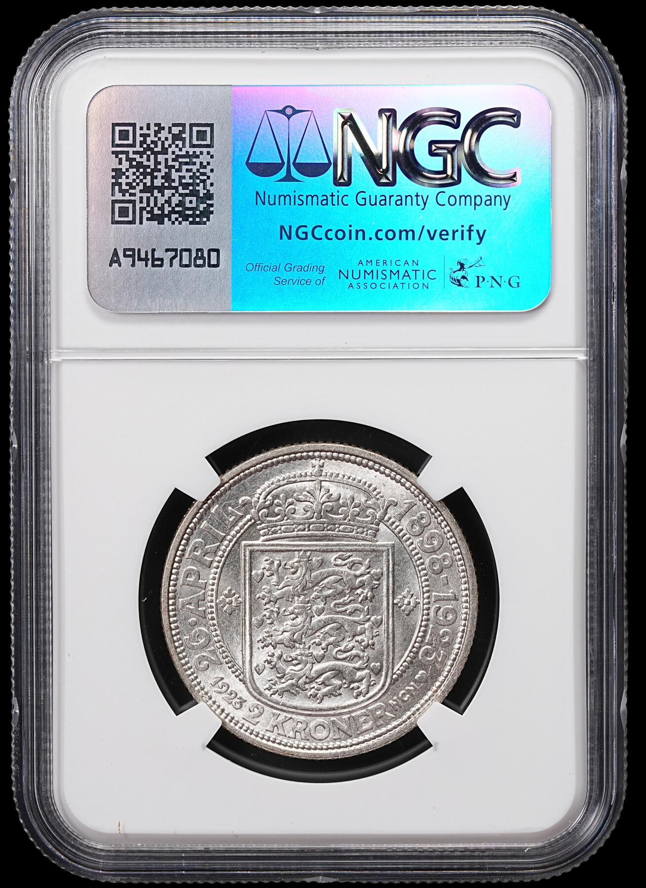 修遠堂世界钱币第八十六期 NGC MS66 1923年丹麦国王银婚纪念2克朗银币
