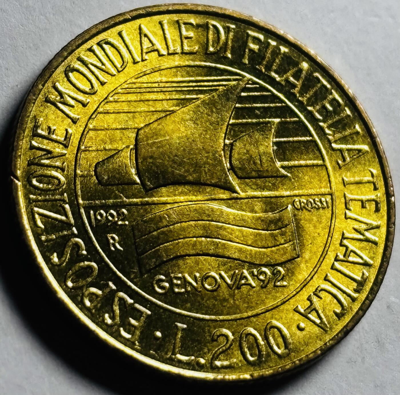 文馨钱币收藏第 273 场， 长期接收代拍品 原铜光未流通品意大利1992年 热那亚国际邮票博览会 200里拉纪念币 