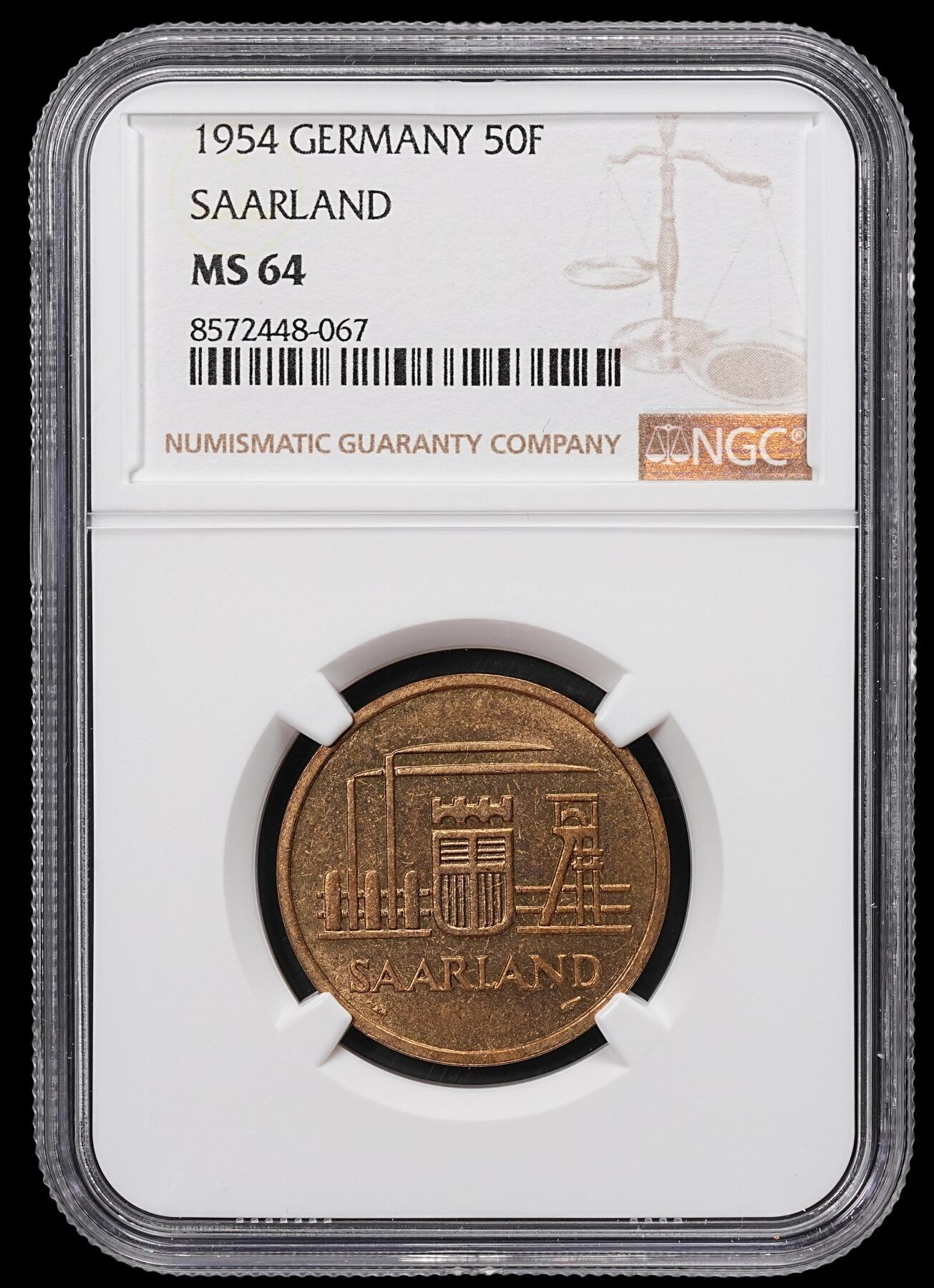 修遠堂世界钱币第八十六期 NGC MS64 1954年法占德国萨尔州50法郎