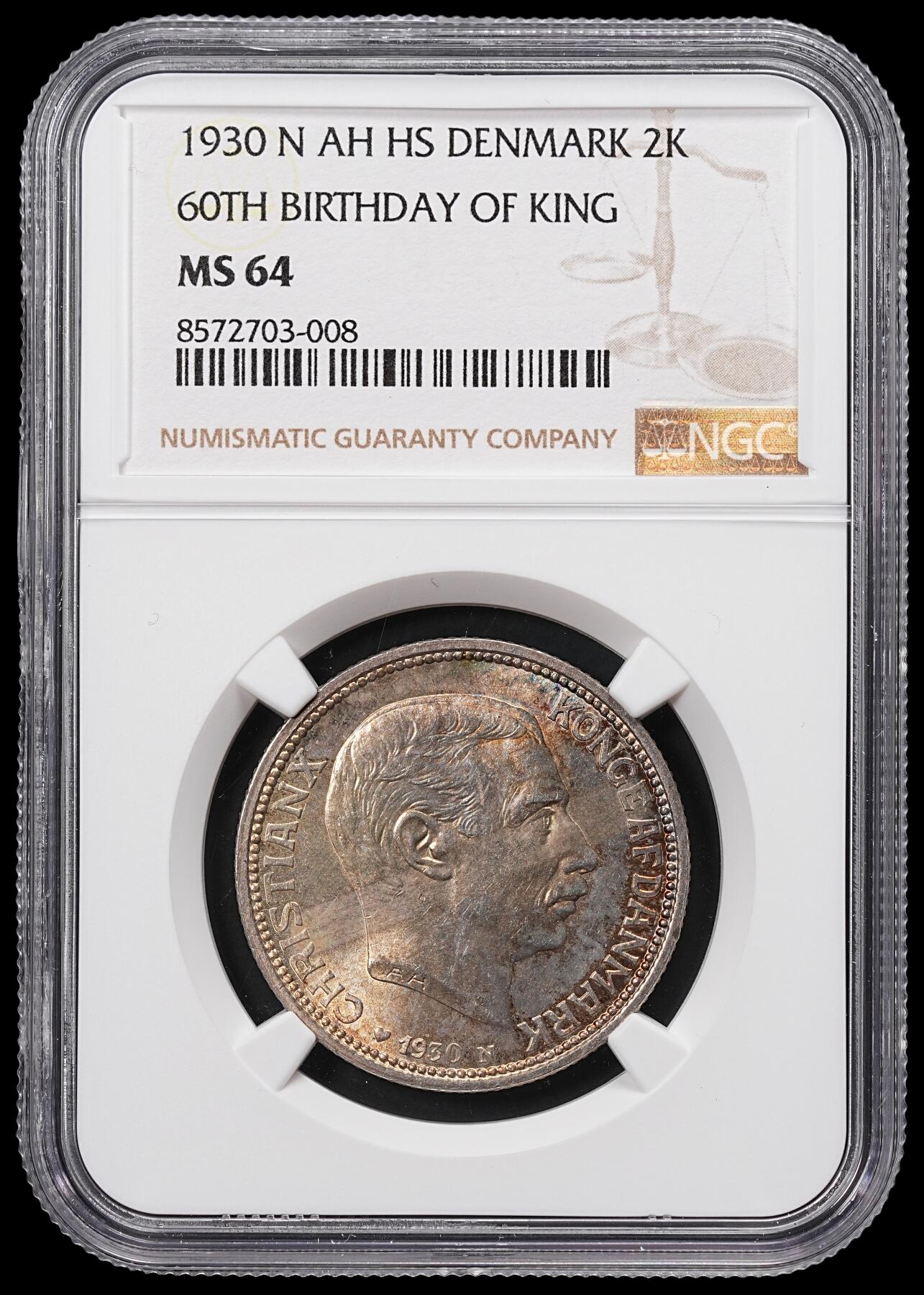 修遠堂世界钱币第八十六期 NGC MS64 1930年丹麦国王60大寿纪念2克朗银币