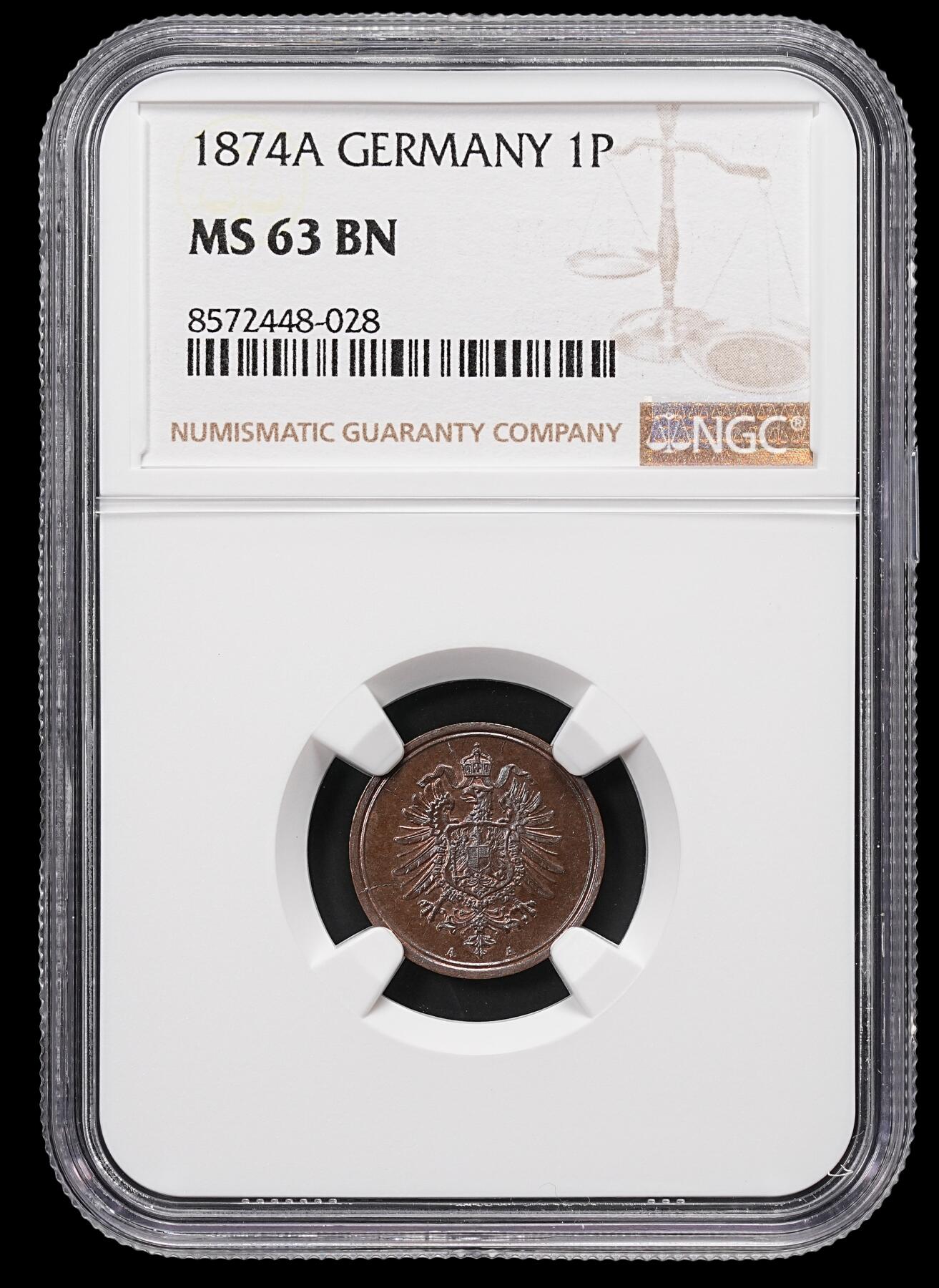 修遠堂世界钱币第八十六期 NGC MS63BN 1874年德国1芬尼 A厂铭