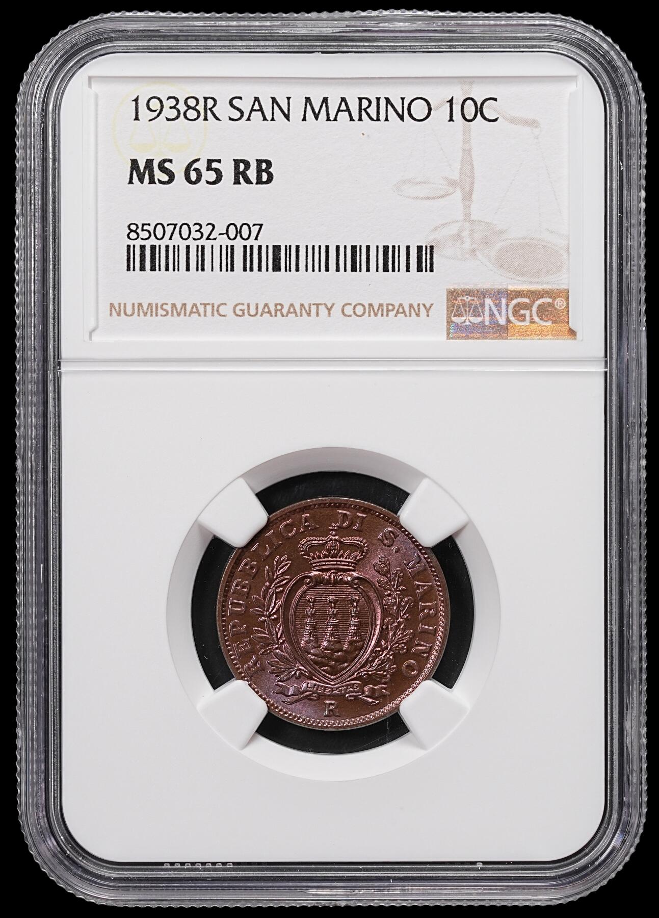 修遠堂世界钱币第八十六期 NGC MS65RB 1938年圣马力诺10分铜币