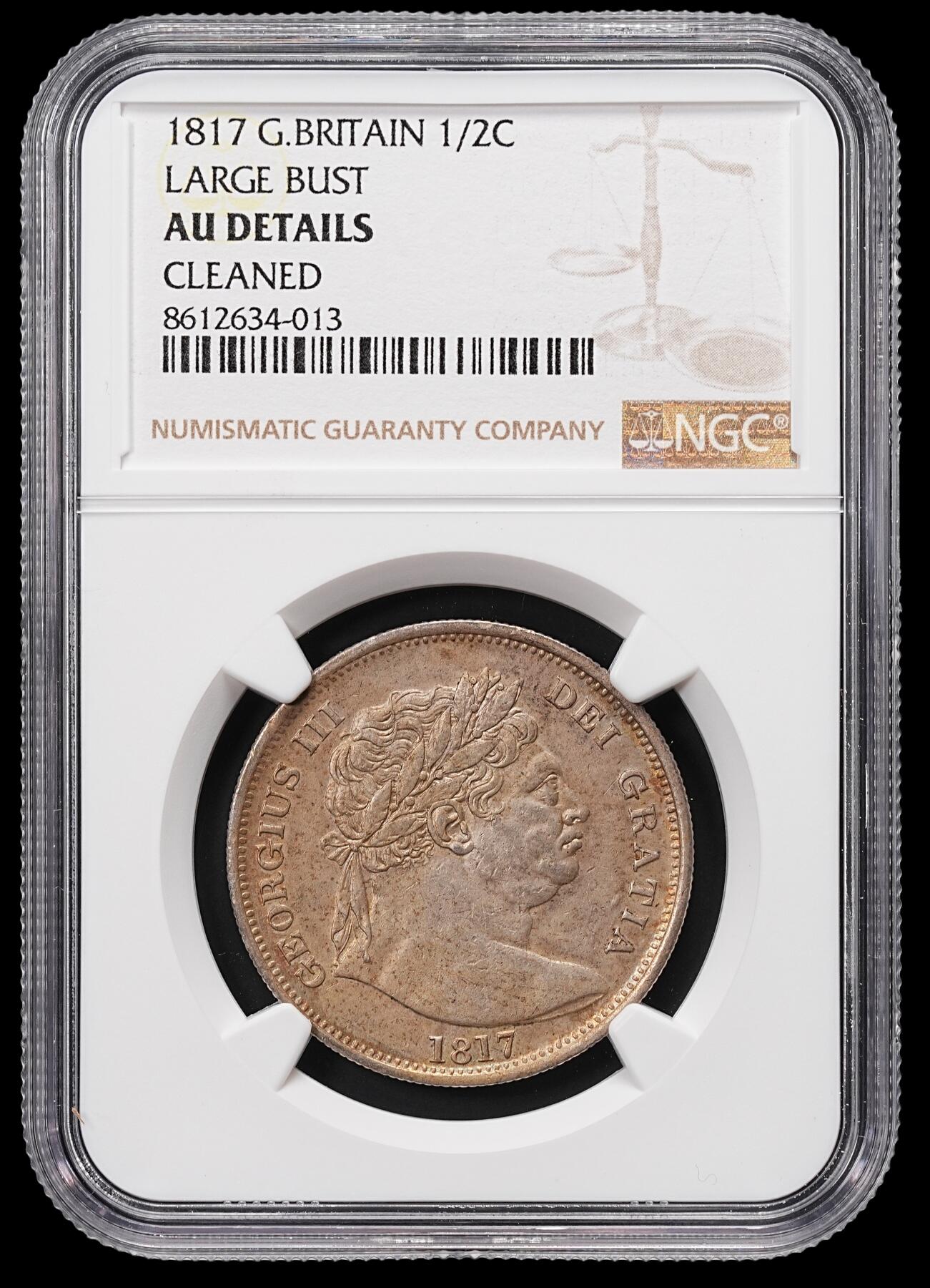 修遠堂世界钱币第八十六期 NGC AUD 1817年英国1/2克朗银币 大头像版