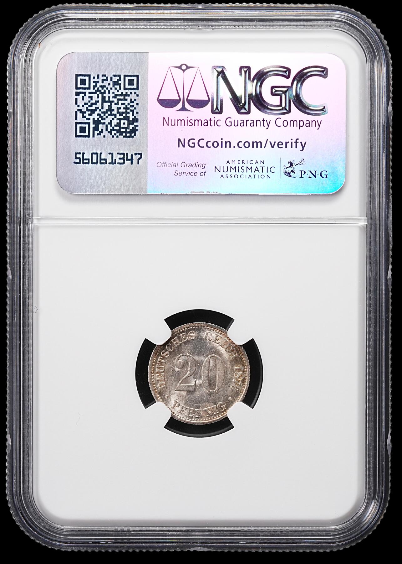 修遠堂世界钱币第八十六期 NGC MS63 1876年德国20芬尼银币 B厂铭