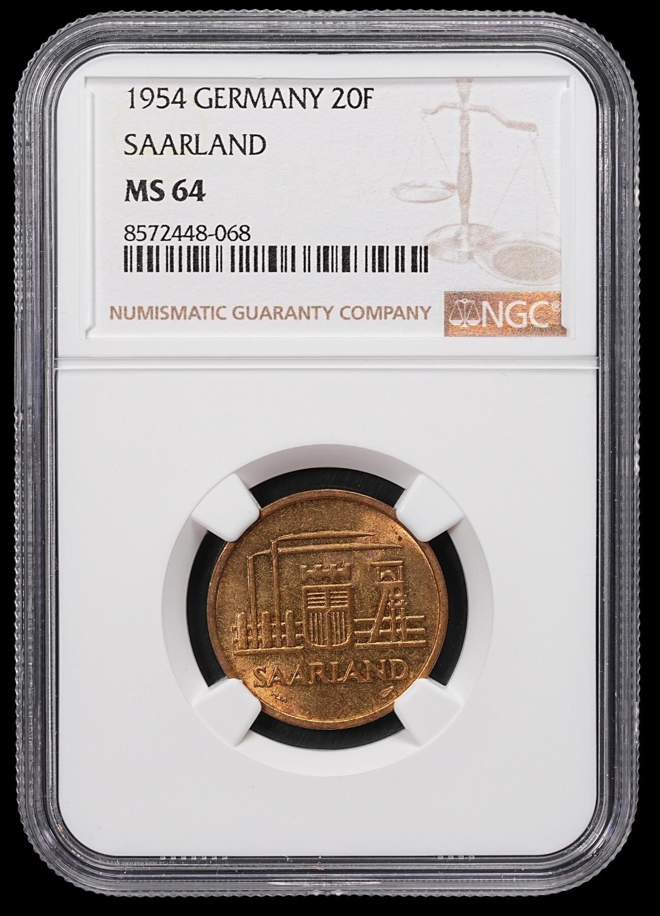 修遠堂世界钱币第八十六期 NGC MS64 1954年法占德国萨尔州20法郎