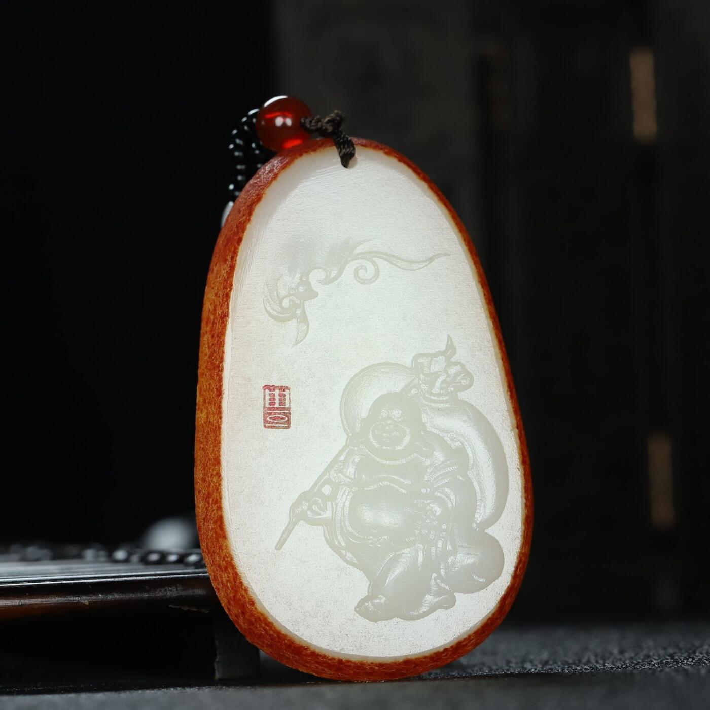 阿富汗白玉牌子 笑佛玉石挂件