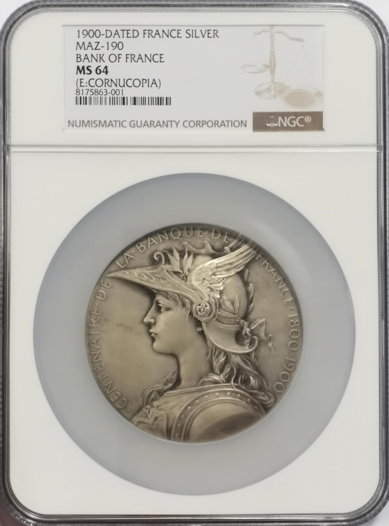 博洋堂“良辰美钰”中秋国庆双节精品专场暨第141期（全场包邮） NGC MS64 法国1900年法兰西银行百年银章，O.Roty作品，戎装玛丽安娜，直径68mm，边铭丰饶角，带原盒，保存完好