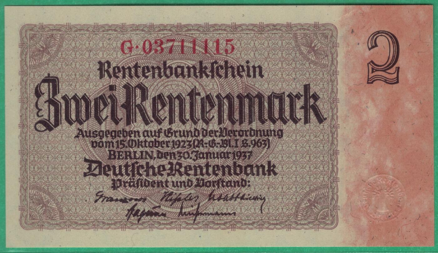 德国1937年2地租马克 P-174b 8位号版 无4 1111中段狮子号 实物图 UNC-