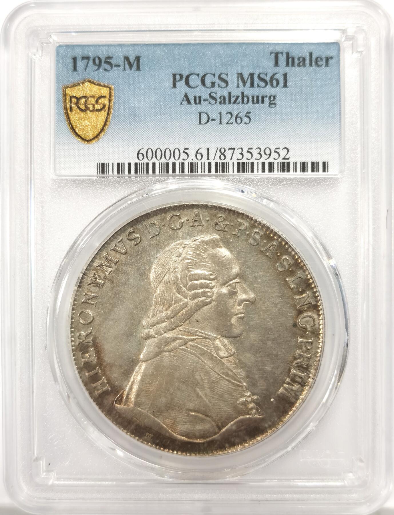博洋堂“良辰美钰”中秋国庆双节精品专场暨第141期（全场包邮） PCGS MS61 萨尔茨堡1795年M DAV-1265 1泰勒，季军，淡金色包浆，状态明显好于分数的一枚