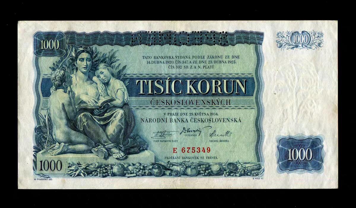 9月27号晚上8点 外国纸币自动截拍第35场 捷克斯洛伐克1000克朗 1934年 打孔样票 非全新 极美品