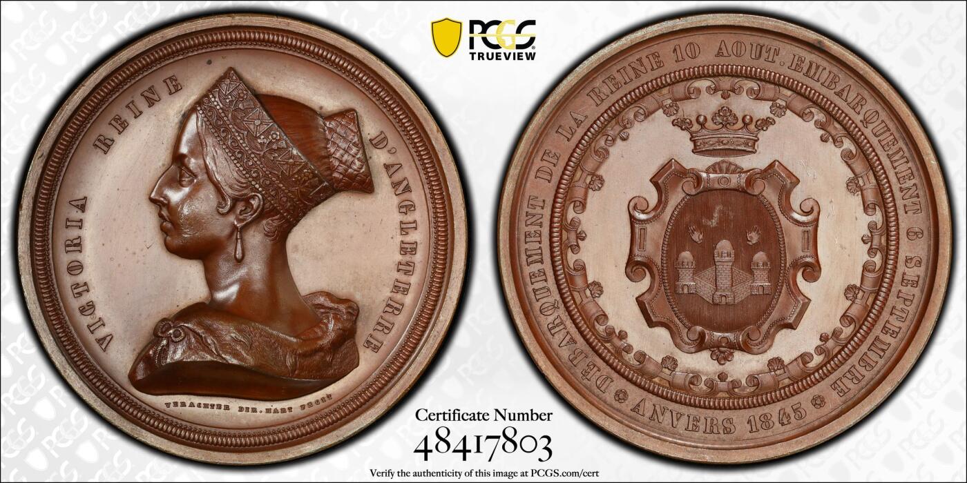 博洋堂“良辰美钰”中秋国庆双节精品专场暨第141期（全场包邮） PCGS SP64 比利时1845年维多利亚女王访问安特卫普纪念大铜章，唯一亚军分！