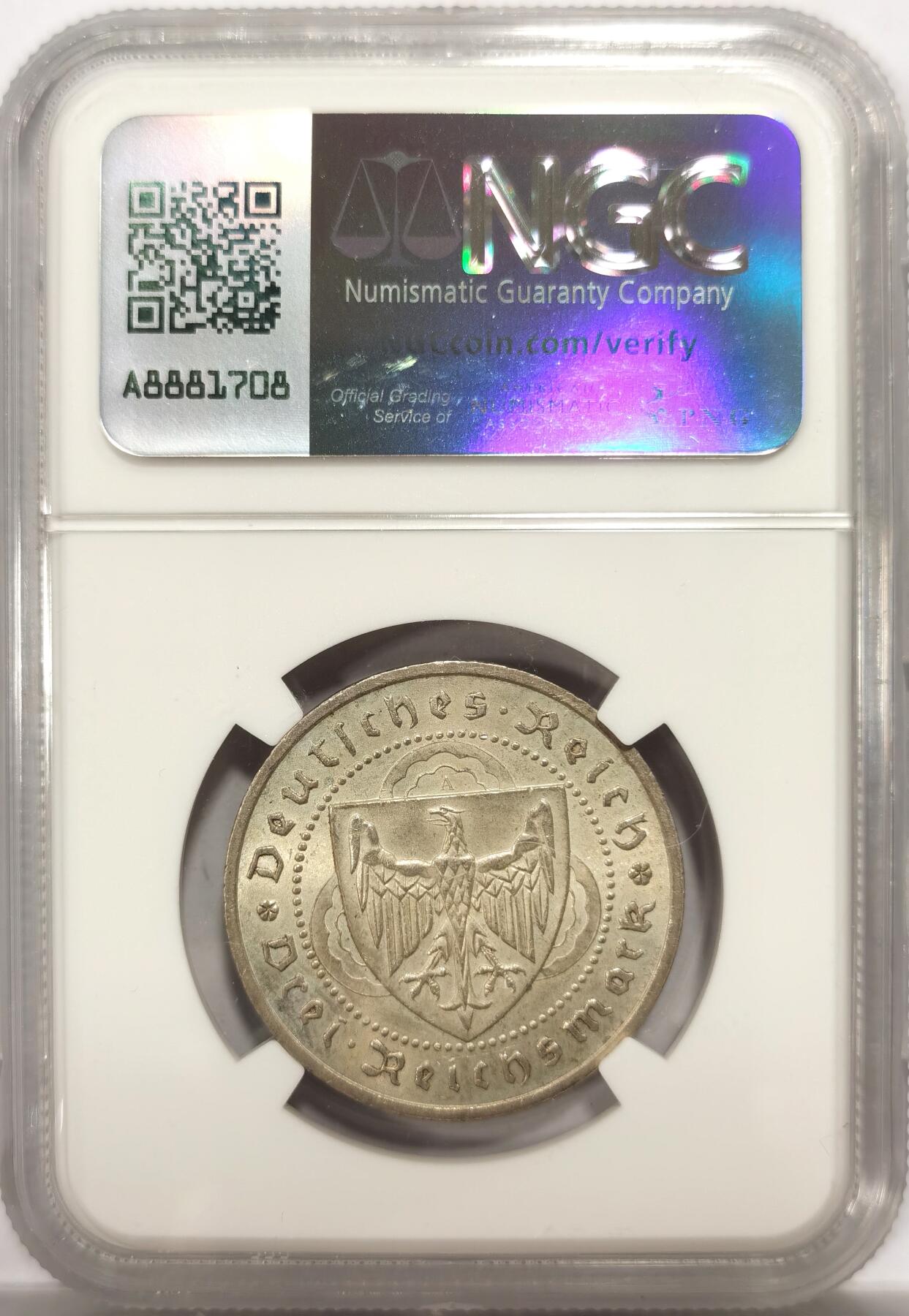 博洋堂“良辰美钰”中秋国庆双节精品专场暨第141期（全场包邮） NGC MS63 德国魏玛1930年弗洛尔瓦伊德3马克银币。