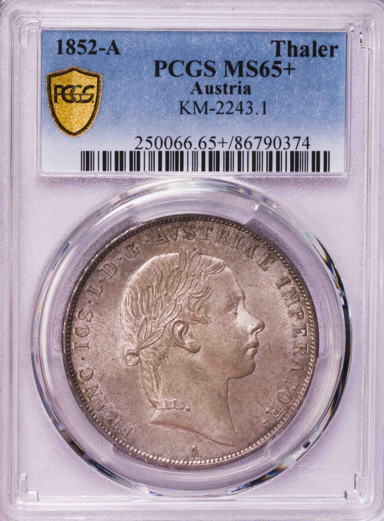 PCGS-MS65+ 1852A 奥地利右像弗朗次约瑟夫大型 唯一冠军