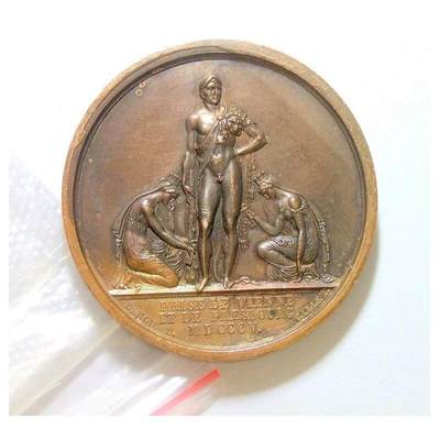 【旋风钱币】10月4日19:00准时开拍 精美欧洲币章 第三帝国货币等 全场包邮！ 【艺术】法国艺术大章1805年 拿破仑金叶冠 征服维也纳高浮雕精制大铜章 40MM