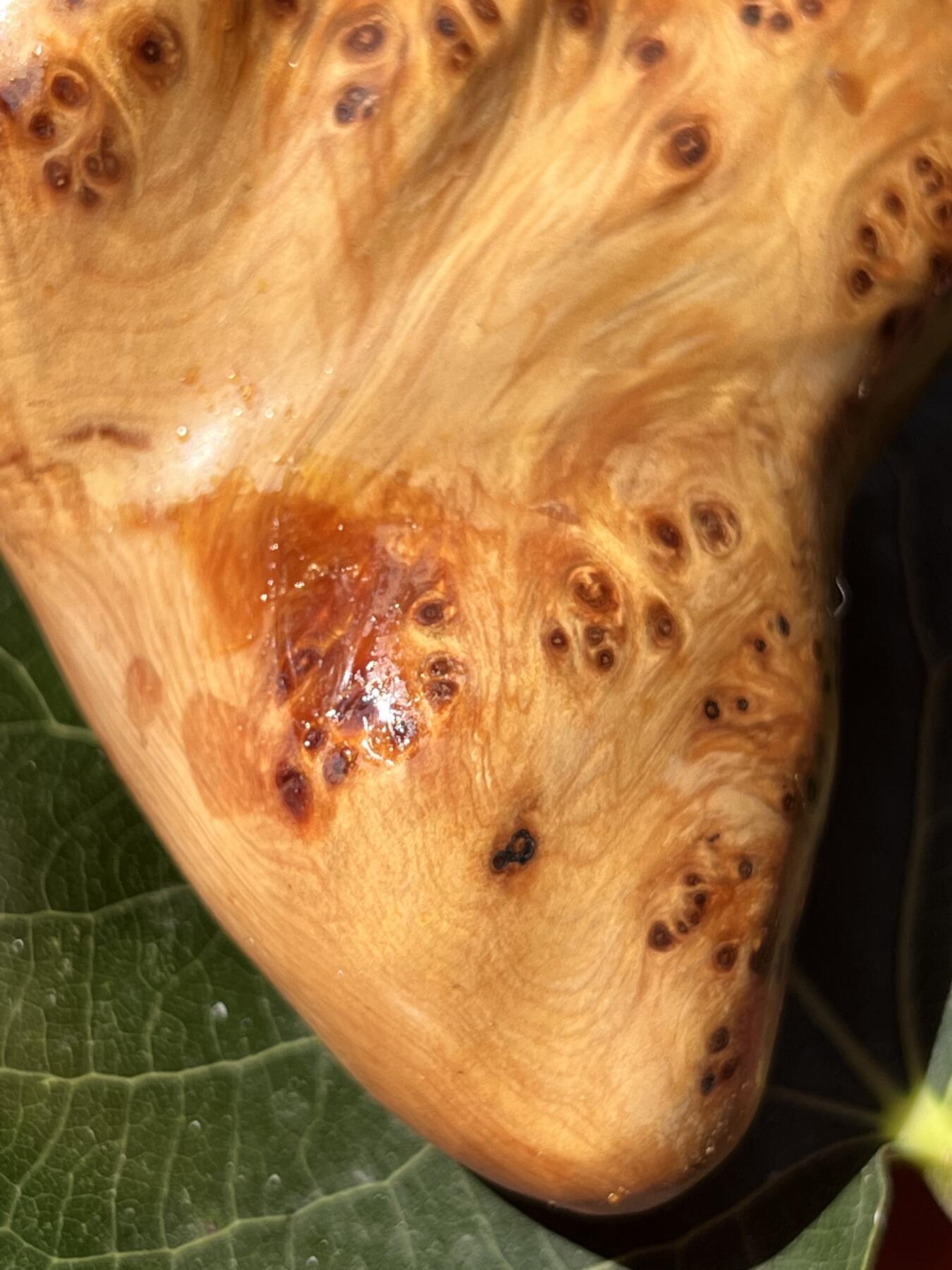 零元拍：崖柏瘤花随型手把件，十年前的存货了，油性极大。因为没有盘玩过，里面的油脂都渗出来了，收到后切记一定戴手套盘玩