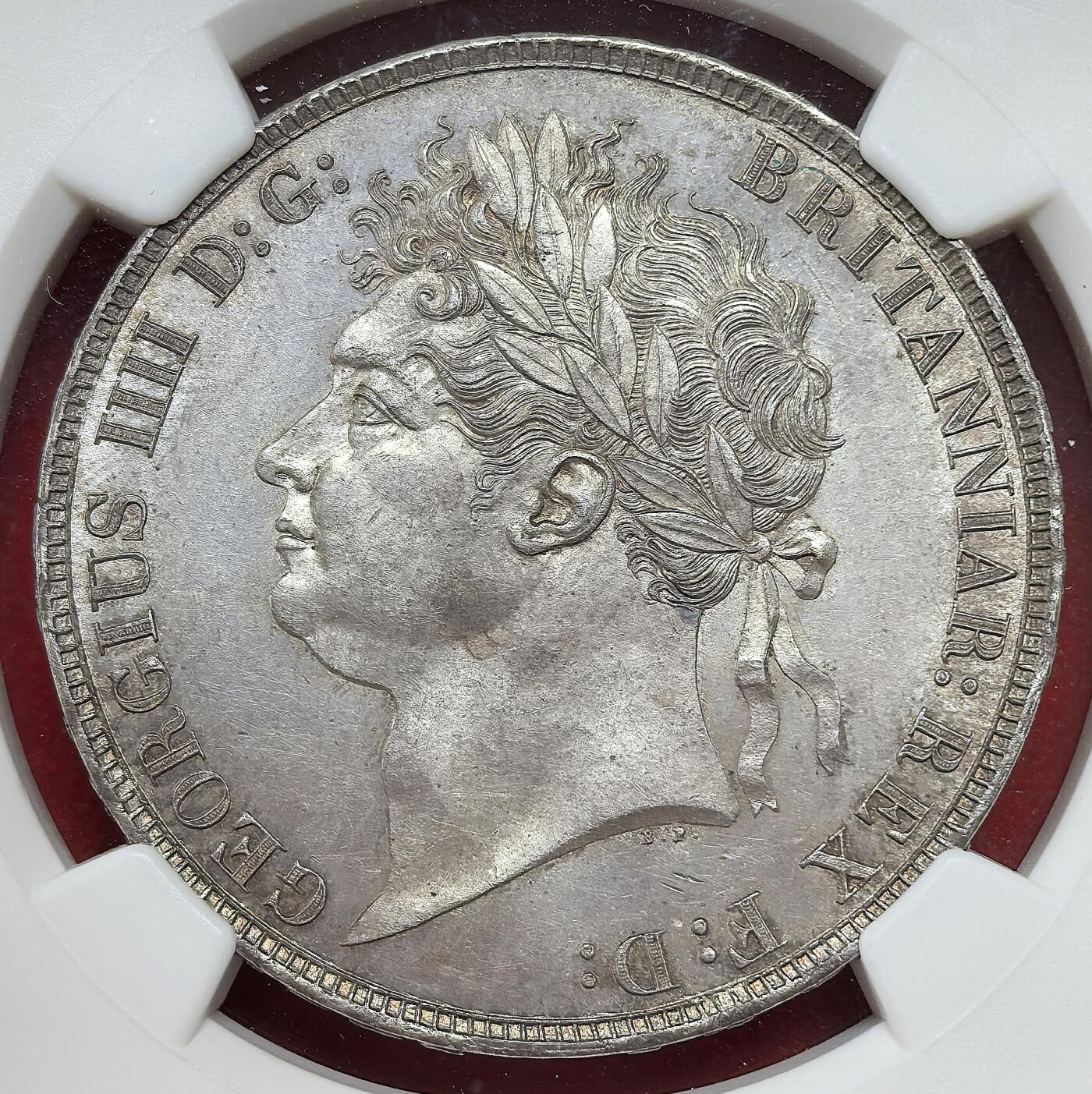 凡希社世界钱币微拍月度大拍（2025/09） 荐！1821英国乔四马剑大银NGC-MS63，英伦灰彩，淡色包浆下呈现迷人的金属质感，实物上手更赞，略低评。（附视频）