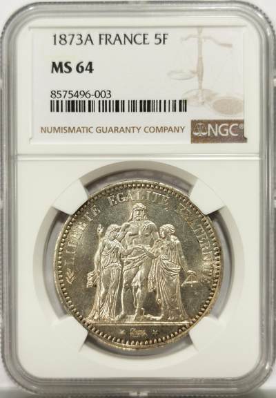 博洋堂“良辰美钰”中秋国庆双节精品专场暨第141期（全场包邮） - NGC MS64 法国1873年大力神5法郎银币
