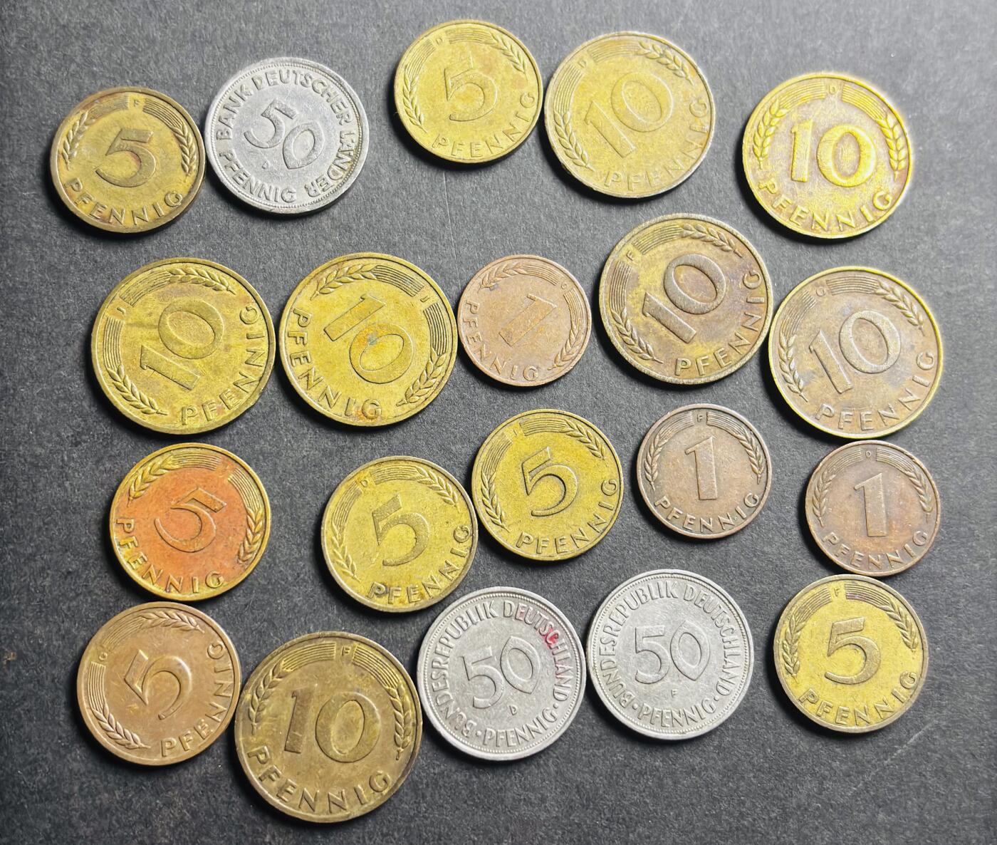 文馨钱币收藏第 273 场， 长期接收代拍品 稀少德国 1949 年 1950 年首版 1-50 芬尼 20 枚