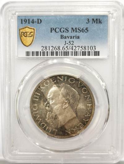博洋堂“良辰美钰”中秋国庆双节精品专场暨第141期（全场包邮） - PCGS MS65 1914年德国巴伐利亚路德维希3马克银币，正反强烈的五彩包浆，视觉效果非常震撼！品种很少，欧洲主流拍卖中现在这个分数普遍成交超过250欧 ，加上这枚的强五彩，值得广大德系藏家瞩目的一枚